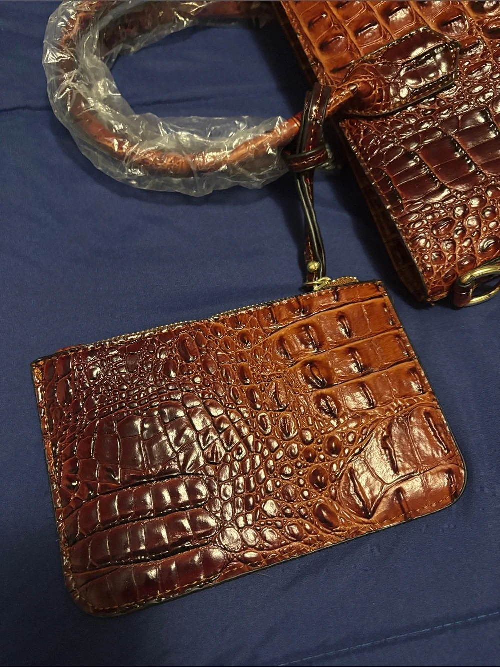 Croc-Embossed Faux Leather Tote Bag with Crossbody Strap in Brown